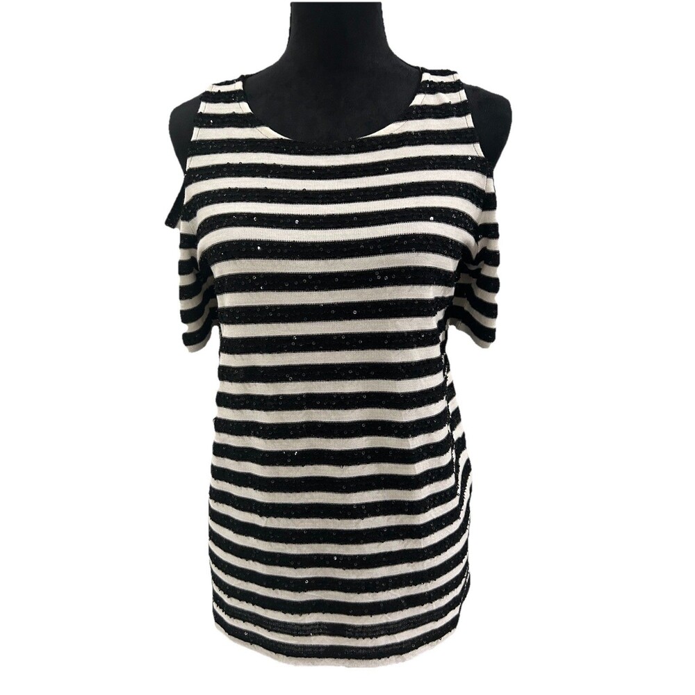 Chicos Size 1 Womens M Blouse Black White Stripe Sequins Cold Shoulder